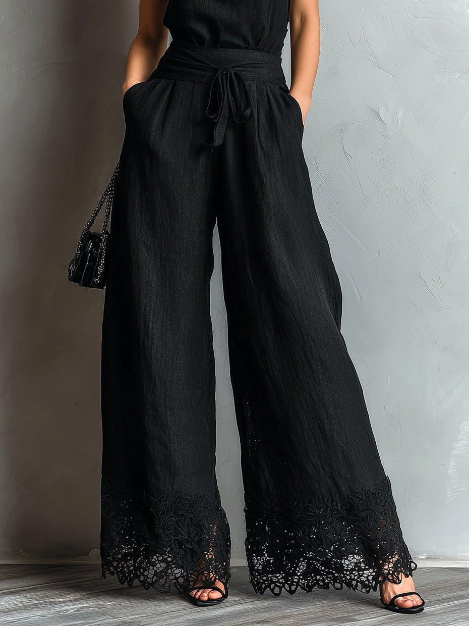 Zwarte Nep Katoen-linnen Halter Nek Top Met Strik Lace-trimmed Wijde Pantalon Set - Bellanza